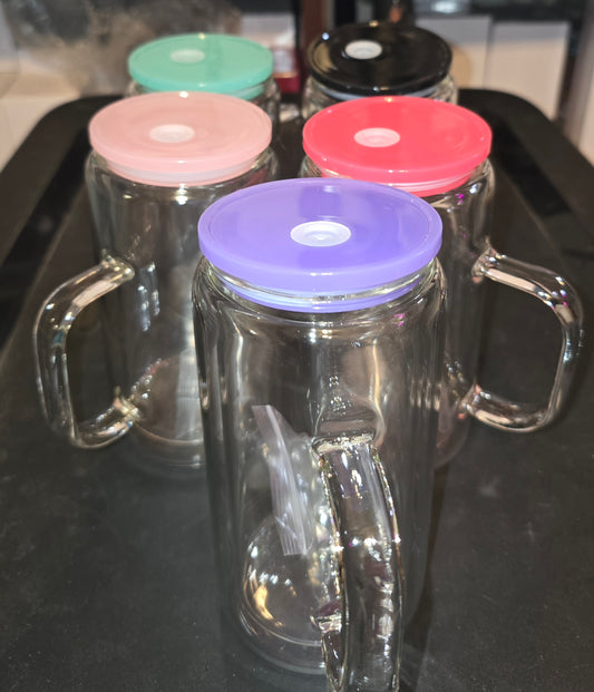 20oz GLASS SNOW GLOBE WITH HANDLE COLOR LIDS